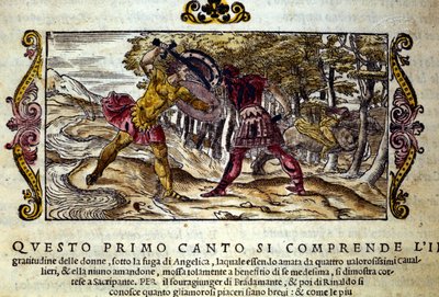 Przedstawienie walki Ferragusa, gryki i Renauda (Rinaldo), zakochanych w pięknej Angelice (Angelica), scena zaczerpnięta z poematu rycerskiego Ludovica Ariosto „Orlando Furioso” (Wściekły Rolanda) (1474-1533) o nazwie L