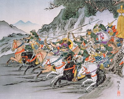 Bitwa na przełęczy Shizugatake 1583 (litografia kolorowa) autorstwa School Japanese