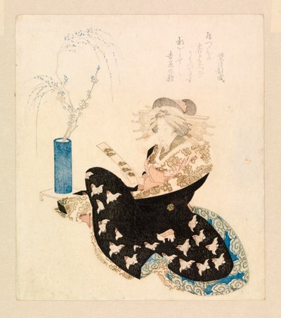 Kurtyzana czytająca tanzaku (kolorowy drzeworyt) autorstwa School Japanese