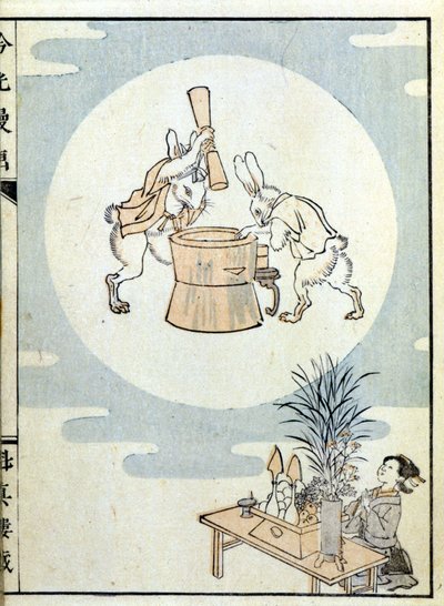 Japończyk w modlitwie i króliki na księżycu tłukące puder ryżowy - Japońska grafika autorstwa Japanese School