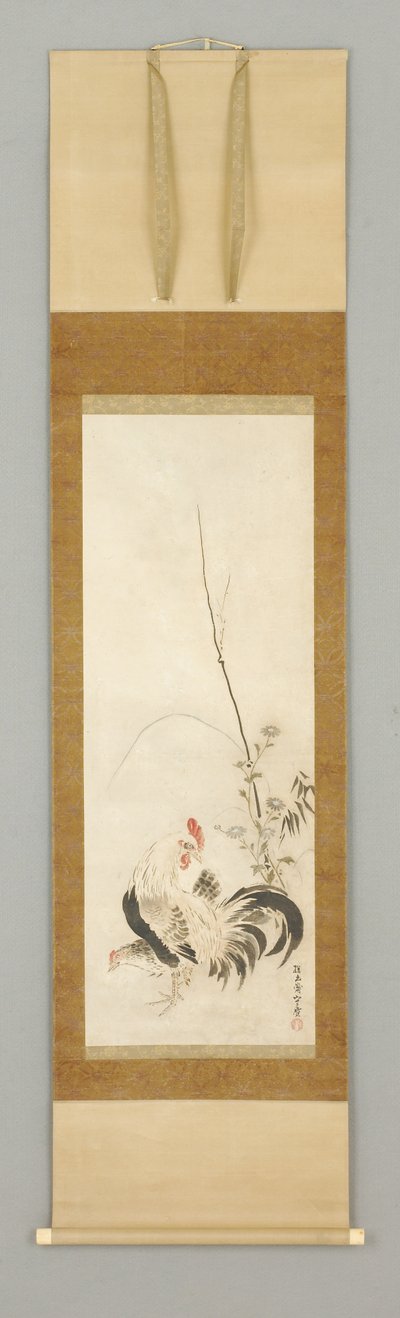 Kakemono, kogut i kura z kwiatami autorstwa Japanese School