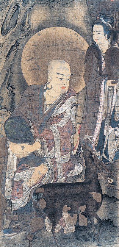 Obraz religijny przedstawiający młodego mnicha z łanią, obraz na jedwabiu, cywilizacja japońska, okres Heian, 794-1185 autorstwa School Japanese