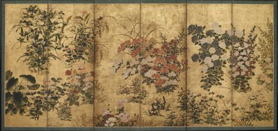 Kwiaty letnie i jesienne, okres Edo (kolor na złotym na papierze) autorstwa Japanese School