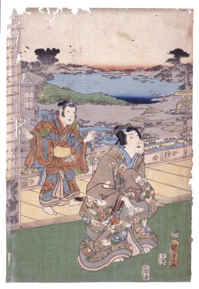 Mężczyzna i chłopiec z wyższej klasy (podróż) (drzeworyt kolorowy) autorstwa School Japanese