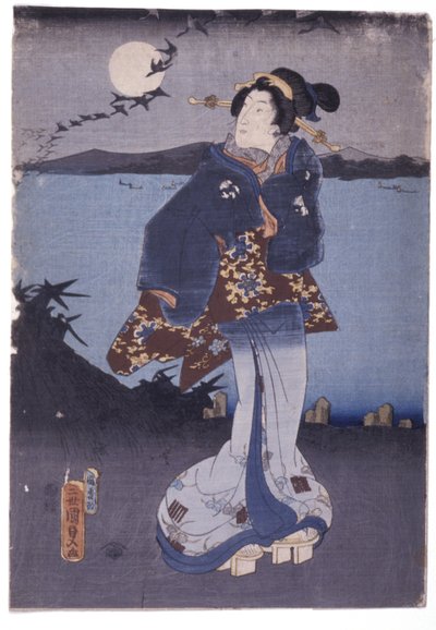 Mulher à beira do lago observando a lua cheia e gansos descendentes (xilogravuras coloridas)polonês autorstwa School Japanese
