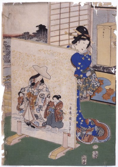 Kobieta stoi za Tsuitate W / Painting S. „Kunisada” (drzeworyt kolorowy) autorstwa School Japanese
