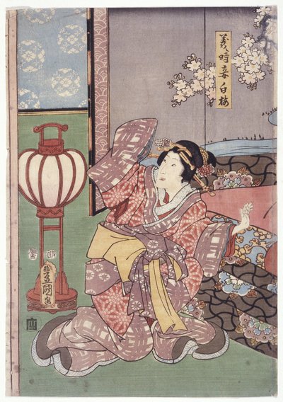 Żona Yoshitokiego, Shiraume (drzeworyt kolorowy) autorstwa School Japanese