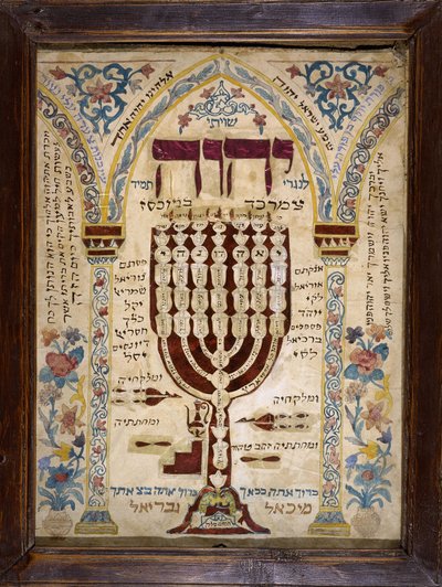 Misrach alzacki wskazujący kierunek Jerozolimy w domach żydowskich i przedstawiający Menorę lub Menorę (świecznik siedmioramienny). Musée d