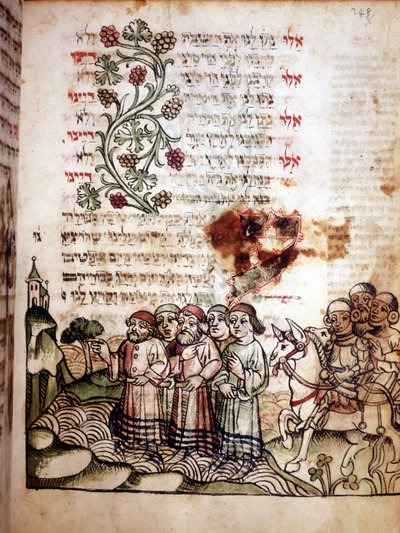 Scena biblijna: Żydzi przekraczają Morze Czerwone. Strona Machazora, modlitewnik w języku hebrajskim. rękopis sd. autorstwa School Jewish
