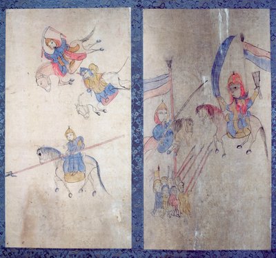 Panel z ośmiokrotnie złożonego ekranu przedstawiający historię trzech królestw (naturalne pigmenty na papierze) autorstwa School Korean