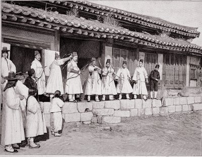 Łucznicy w starym pałacu w Seulu, Korea, koniec XIX wieku autorstwa School Korean