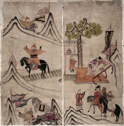 Dwa panele ośmiokrotnie złożonego ekranu przedstawiającego "Opowieść o trzech królestwach" (naturalne pigmenty na papierze) autorstwa School Korean