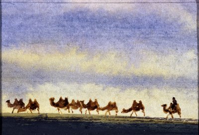 Stado wielbłądów, Mongolia - Mongolska akwarela autorstwa School Mongolian