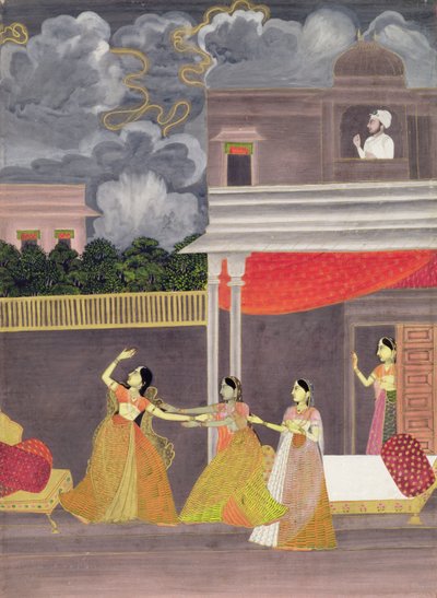 Dama przyprowadzona w nocy z burzy: ilustracja z trybu muzycznego Madhu Madhavi, ok. 1760 (gwasz na papierze) autorstwa School Mughal