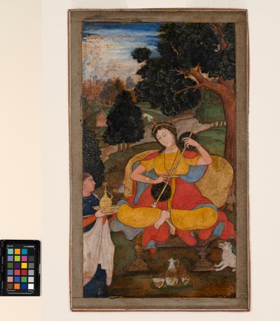 Siedząca kobieta gra na winie, na którą czeka służący, ok. 1590 (nieprzezroczysta akwarela i złoto na papierze) autorstwa School Mughal