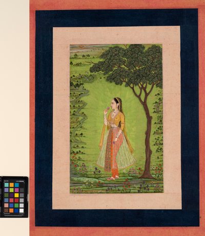 Kobieta stojąca przy drzewie trzymająca kwiat, ok. 1720 (nieprzezroczysty w/c i złoty na papierze) autorstwa School Mughal