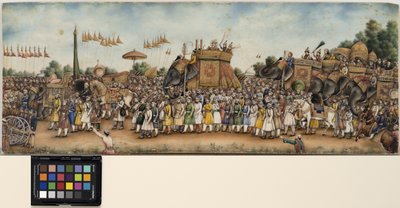 Akbar Shah II jedzie na słoniu w ogromnej procesji, ok. 1835 (nieprzezroczysta akwarela i złoto na kości słoniowej) autorstwa School Mughal