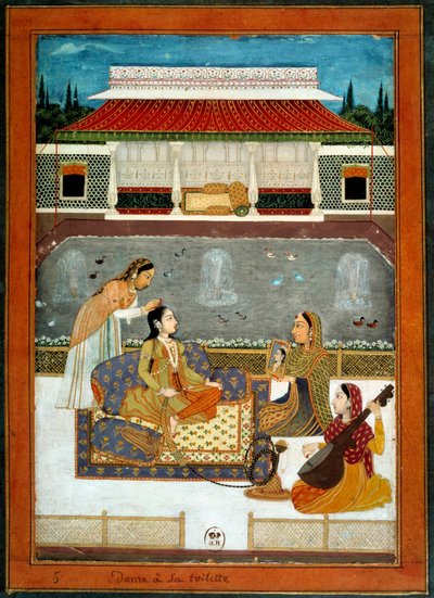 Indyjska księżniczka ma swoją miniaturową toaletę z Mughole School z 1740 roku. autorstwa School Mughal