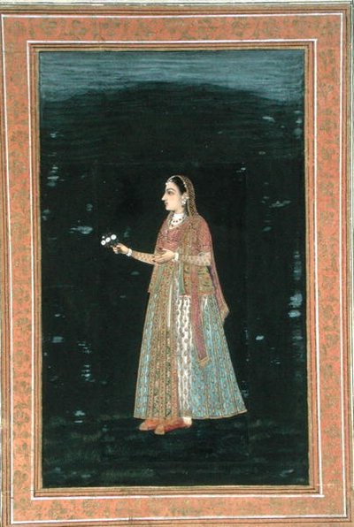 Pani trzymająca kwiaty, z Małego Albumu Clive (nieprzezroczysta akwarela na papierze) autorstwa School Mughal