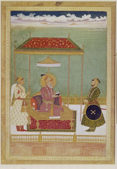 Portret szacha Aurangzeba z mężczyzną, prawdopodobnie Ashraf Khan, początek XVIII wieku (nieprzezroczysta akwarela, tusz i złoto na papierze) autorstwa School Mughal