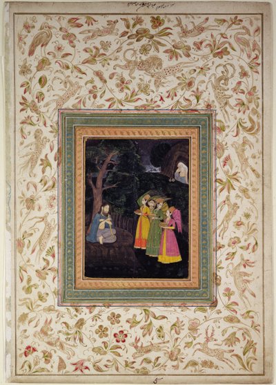 Sultan Ibrahim Adham of Balkh with Angels, Johnson Album VI, nr 5, ok. 1770-80 (gwasz ze złotem na arkuszu albumu) autorstwa School Mughal