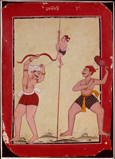 Trzech sportowców podczas treningu (gra linowa, łucznictwo i rakiety śnieżne) (Miniatura autorstwa School Mughal