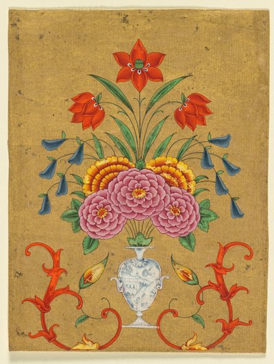 Wazon z kompozycją kwiatową i zwojami, ok. 1750-1800 (nieprzezroczysta akwarela ze złotem na papierze) autorstwa School Mughal
