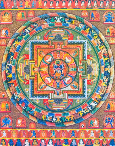Chakrasambhara Mandala, przedstawiająca główne bóstwo Sambharę obejmujące swoją małżonkę Wadżrabarahi, symbolizujące połączenie mądrości i praktyki w celu osiągnięcia najwyższej błogości (gwasz na płótnie) autorstwa School Nepalese