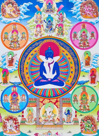 Imagem retratando Samantabhadra, junto com sua consorte, simbolizando a unidade com o polimento absoluto (guache sobre tecido) autorstwa School Nepalese