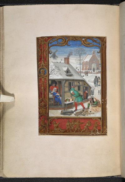 Dodaj MS 24098 f.18v Strona kalendarza na styczeń, Księga godzin, Korzystanie z Rzymu („Księga golfa”) c.1540 (welin) autorstwa School Netherlandish