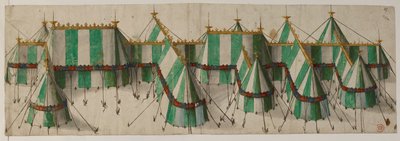 Bawełna Augustus III, f.19 Projekt pawilonu królewskiego w kolorach Tudorów, bieli i zieleni, podobno dla Henryka VIII na Polu Złotego Płótna autorstwa School Netherlandish