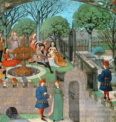 Harl 4425 f.12v Scena ogrodowa, kochanka i dama Oyseuse (bezczynność) poza murami ogrodu, z „Roman de la Rose”, Brugia, ok. 1490-1500 (welum) autorstwa School Netherlandish