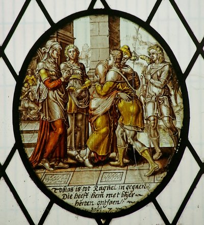 Roundel: Tobiasz przybywa do Ecbatana (witraż) autorstwa School Netherlandish