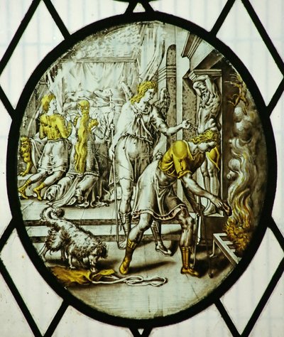 Roundel: Tobiasz pali wątrobę ryby (witraż) autorstwa School Netherlandish