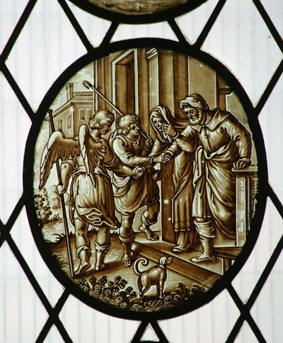Roundel: Tobiasz odchodzi z aniołem, prawdopodobnie z XIX wieku (witraże) autorstwa School Netherlandish