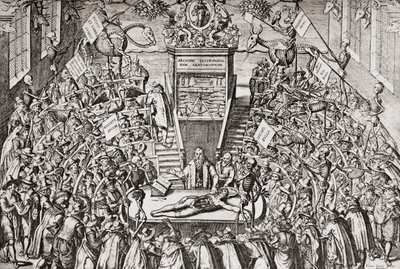 Studenci uczęszczający na zajęcia z anatomii na Uniwersytecie w Lejdzie, z "Geschiedenis van Nederland", wyd. 1936 (druk) autorstwa School Netherlandish