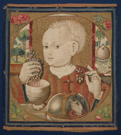 Dzieciątko Chrystus tłoczące wino Eucharystii, ok. 1500 (przędza lniana osnowa, wełna, jedwab i pozłacany wątek) autorstwa School Netherlandish
