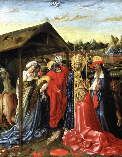 Narodzenia z SS. Sykstus (?) i Hieronim oraz kardynał (olej na desce) autorstwa School Netherlandish