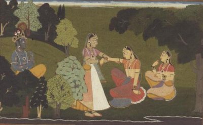 51.207/11 Powiernik błaga Radhę o spotkanie z Kryszną, ilustracja z serii „Gita Govinda”, Basohli, Himachal Pradesh autorstwa School Pahari