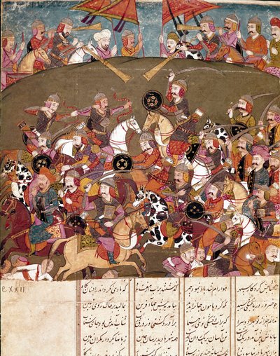 Sztuka islamu: scena bitwy. Perska miniatura z rękopisu epickiego poematu „Shahnameh” (Shah Nama, Shahnama) (Księga Królów) Ferdowsiego (Firdawsi lub Ferdawsi lub Firdousi, ok. 940–ok. 1020) Biblioteca Nazionale Naples autorstwa School Persian