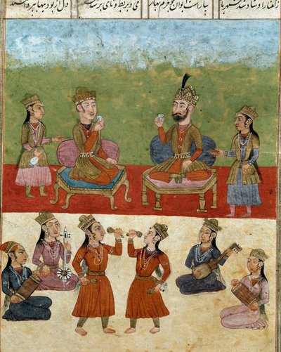 Sztuka islamu: koncert i rozrywka w haremie. Perska miniatura z rękopisu epickiego poematu „Shahnameh” (Shah Nama, Shahnama) (Księga Królów) Ferdowsiego (Firdawsi lub Ferdawsi lub Firdousi, ok. 940–ok. 1020) Biblioteca Nazionale Naples autorstwa School Persian