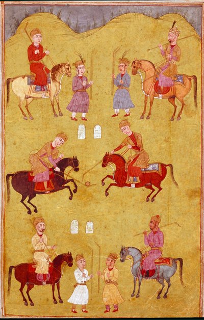 Sztuka islamu: część polo. Perska miniatura z rękopisu epickiego poematu „Shahnameh” (Shah Nama, Shahnama) (Księga Królów) Ferdowsiego (Firdawsi lub Ferdawsi lub Firdousi, ok. 940–ok. 1020) Biblioteca Nazionale Naples autorstwa School Persian