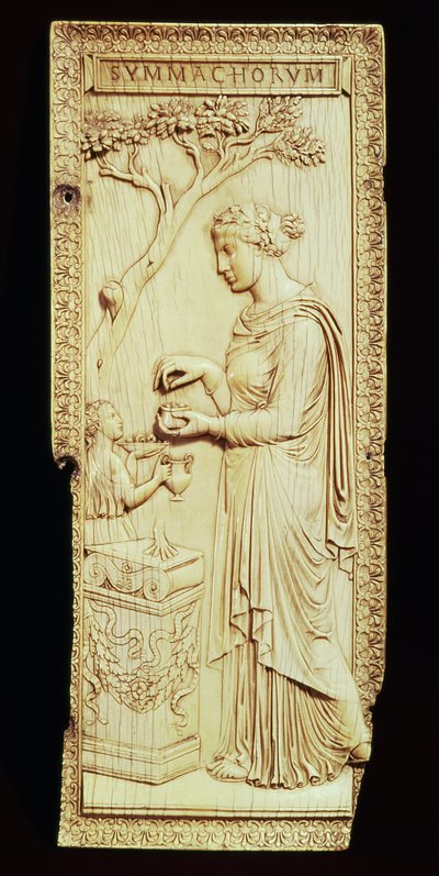 Jeden liść Dyptyku Symmachijskiego, nazwanego na cześć rodziny Symmachijczyków, AD 400 (kość słoniowa) autorstwa School Roman