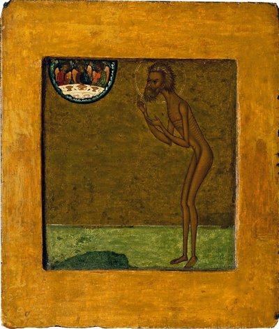 Bazyli Błogosławiony lub Święty Bazyli (Vassili) (1469-1551 lub 1557). Anonimowa ikona rosyjska, tempera na drewnie, koniec XVI wieku. Tradycyjna sztuka moskiewska. Państwowa Galeria Tretiakowska, Moskwa. autorstwa School Russian