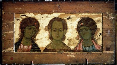 Chrystus Emanuel w otoczeniu Archaniołów Michała i Gabriela (Chrystus Emanuel z Archaniołami Michałem i Gabrielem). Ikona rosyjska, tempera na drewnie, koniec XII wieku. Sztuka Włodzimierza (Rosja). Państwowa Galeria Tretiakowska, Moskwa (Rosja). autorstwa School Russian