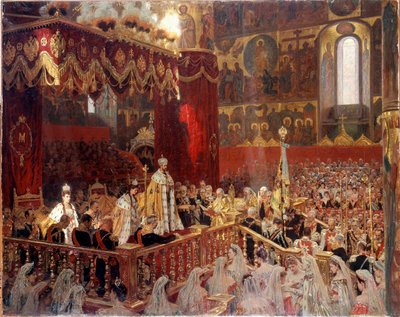 Koronacja Mikołaja II w 1896 r. w Soborze Ouseńskim w Moskwie - Anonimowe malarstwo rosyjskie autorstwa School Russian