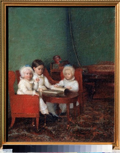 Dzieci we wnętrzu. Anonimowe malowanie. Olej na płótnie, 25,2 x 20,6 cm autorstwa School Russian
