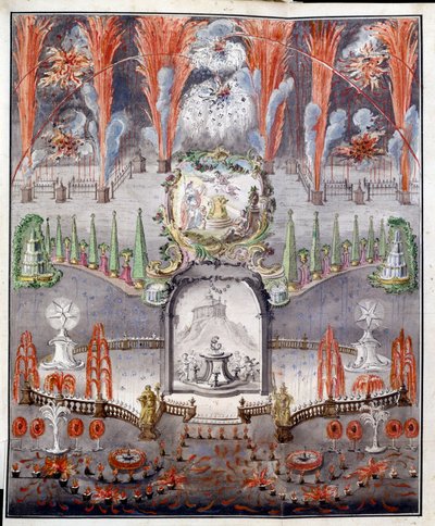 Fajerwerki i iluminacje 17 września 1747 w Gostilitsy (Rosja). Praca anonimowa, miedzioryt barwiony akwarelą, połowa XVIII wieku. Sztuka rosyjska autorstwa School Russian