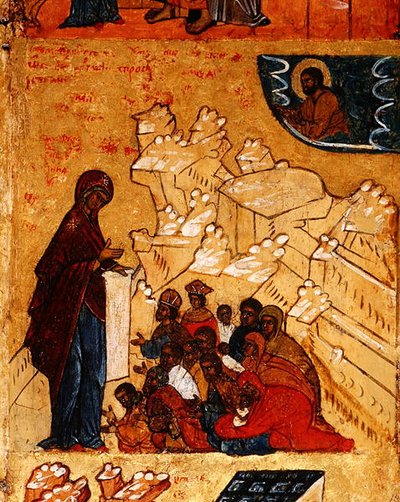 Ikona przedstawiająca cudowne objawienie Dziewicy księciu Andriejowi Bogolubskiemu w 1155, ok. 1550 (tempera i złoty płatek na desce) (detal z 314500) autorstwa School Russian