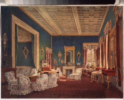 Wnętrze rezydencji Deneżnikowo. Obraz rosyjskiego mistrza, olej na płótnie, połowa XIX wieku. Sztuka rosyjska. Muzeum Historii i Sztuki, Ramenskoye (Rosja). autorstwa School Russian